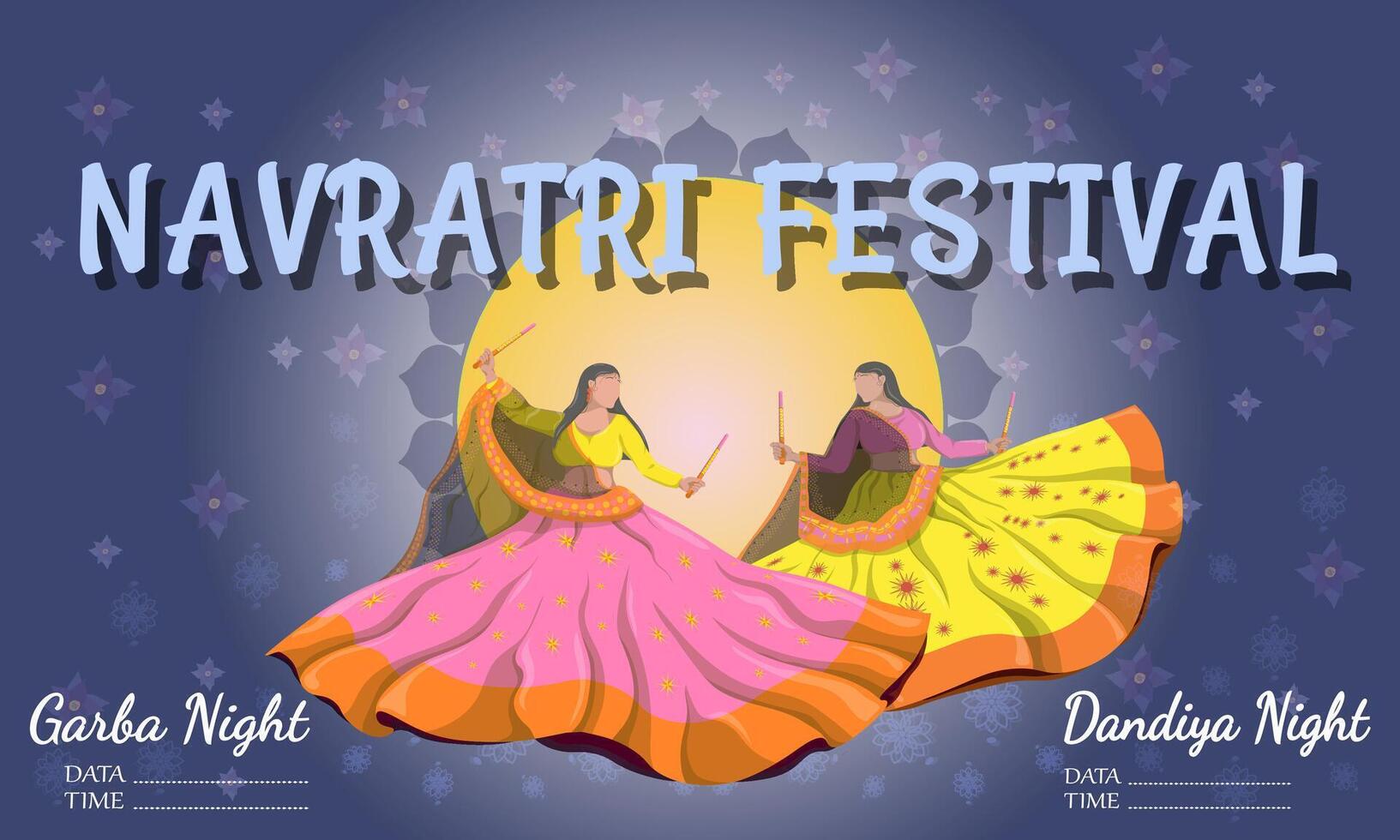 An illustration dedicated to the Navratri festival, with a colorful background. Girls dance folk dances. Happy Navratri vector