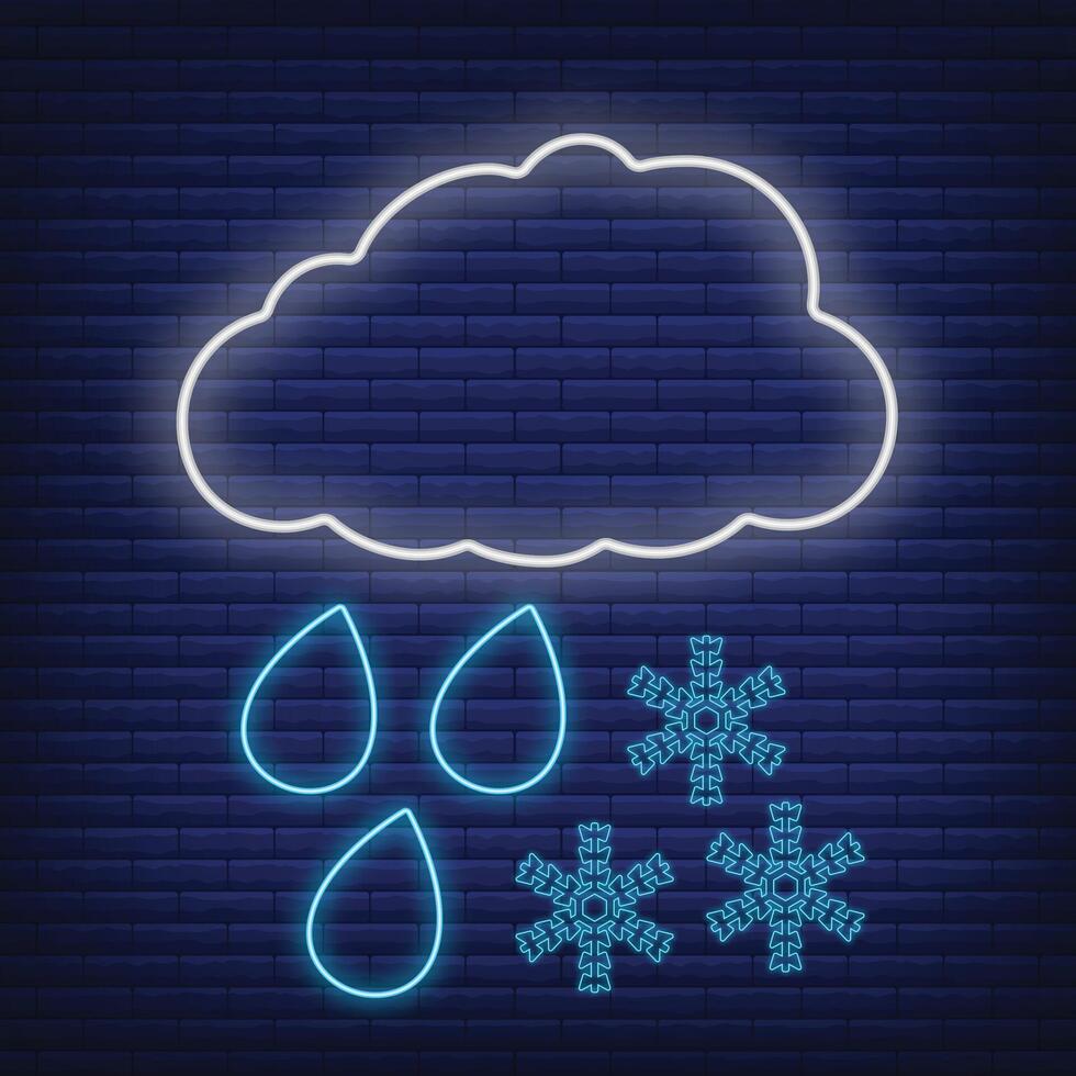 Cloud with rain wind snow, snowflake icon glow neon style, concept weather condition outline flat vector illustration, isolated on black.