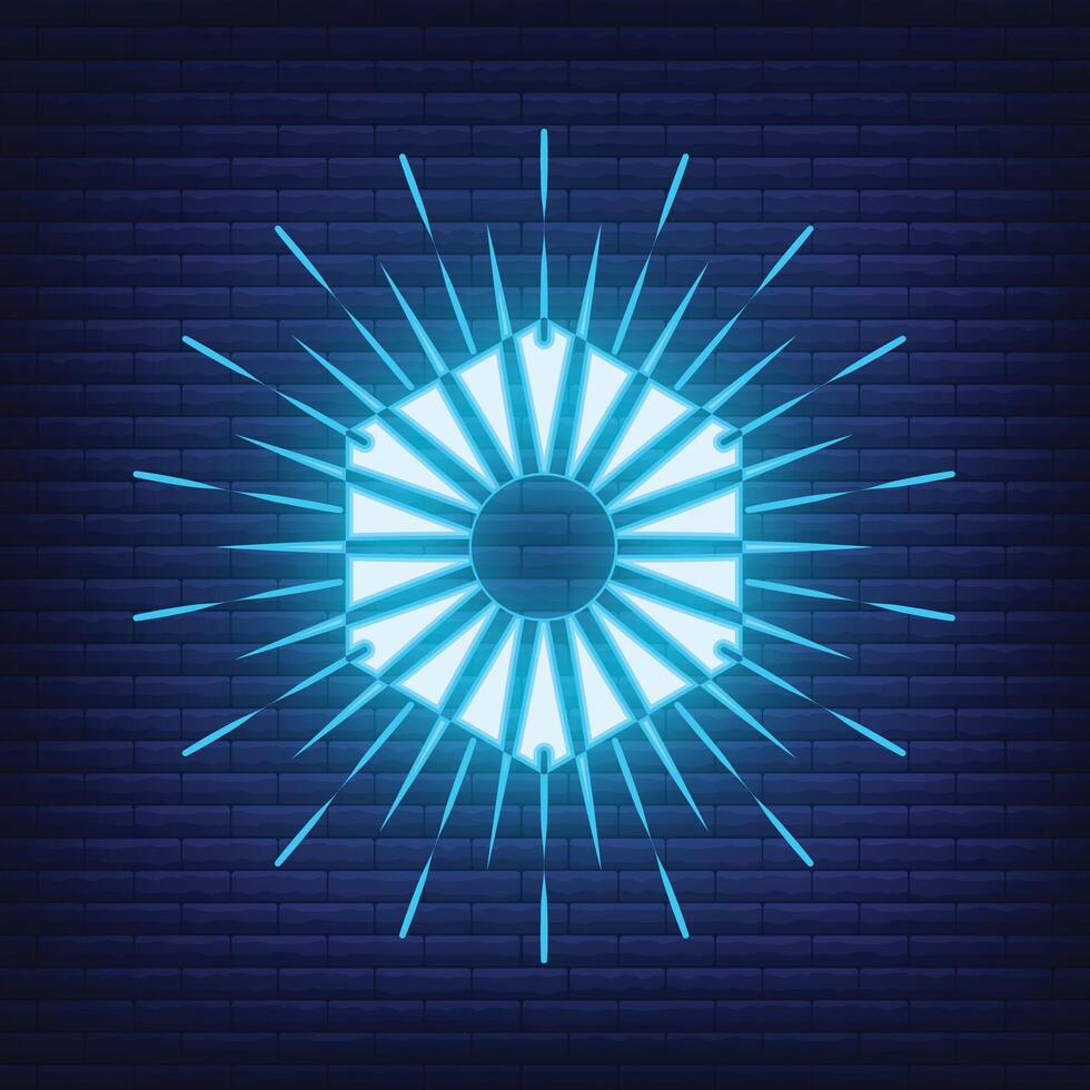 Retro design light sunburst neon style glow geometric shape, vintage rays sunlight explosion icon concept vector illustration, isolated on black wall.