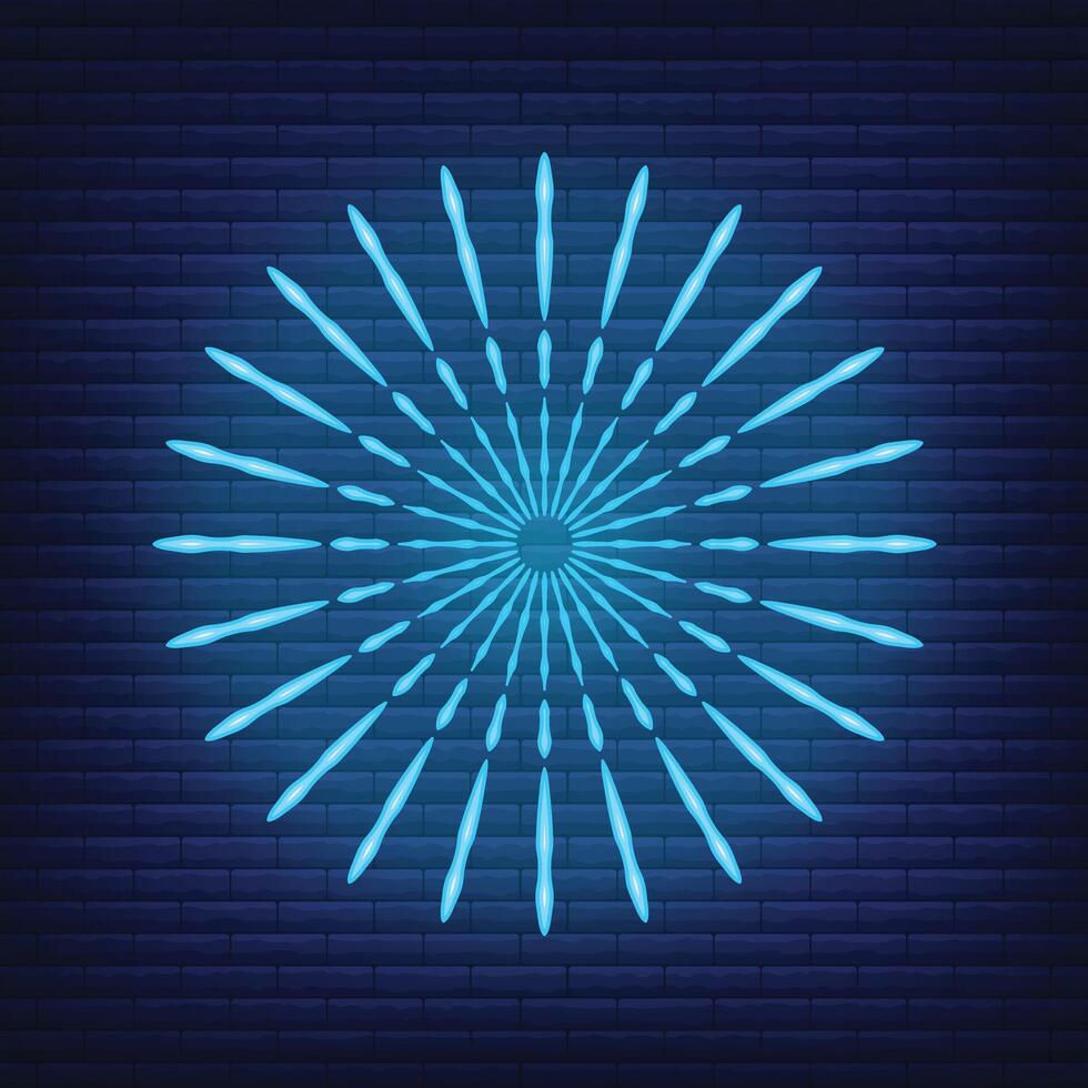 Retro design light sunburst neon style glow geometric shape, vintage rays sunlight explosion icon concept vector illustration, isolated on black wall.