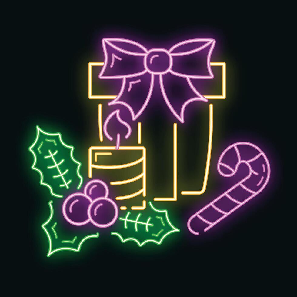 Concept happy new year and merry christmas neon glow style icon, xmas label holiday winter time flat vector illustration, isolated on black.