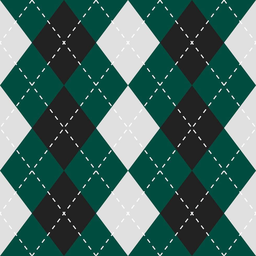 Argyle vector pattern. Argyle pattern. Green and black argyle pattern. Seamless geometric pattern for clothing, wrapping paper, backdrop, background, gift card, sweater.