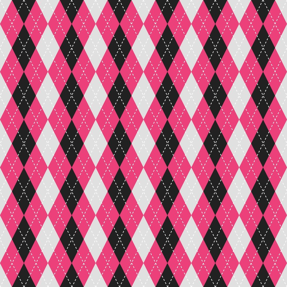 Argyle vector pattern. Argyle pattern. Pink and black argyle pattern. Seamless geometric pattern for clothing, wrapping paper, backdrop, background, gift card, sweater.