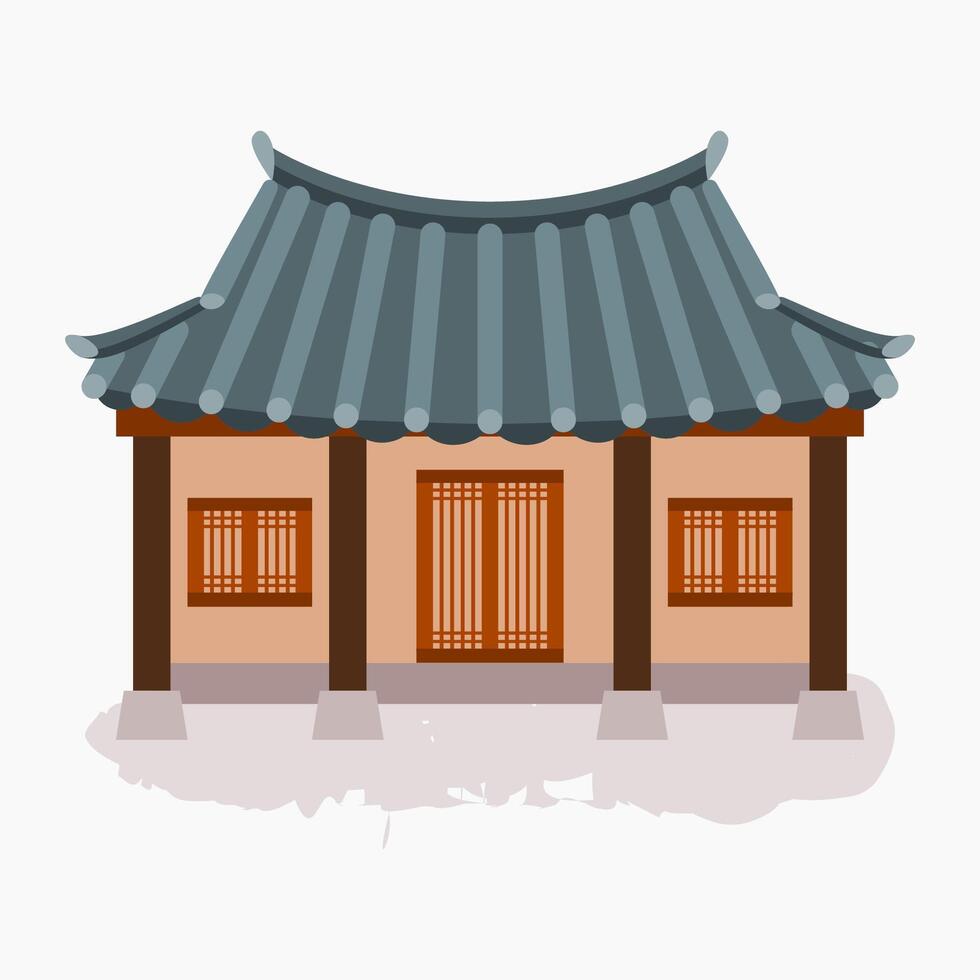 Editable Vector Illustration of Front View Traditional Hanok Korean House Building for Artwork Element of Oriental History and Culture Related Design