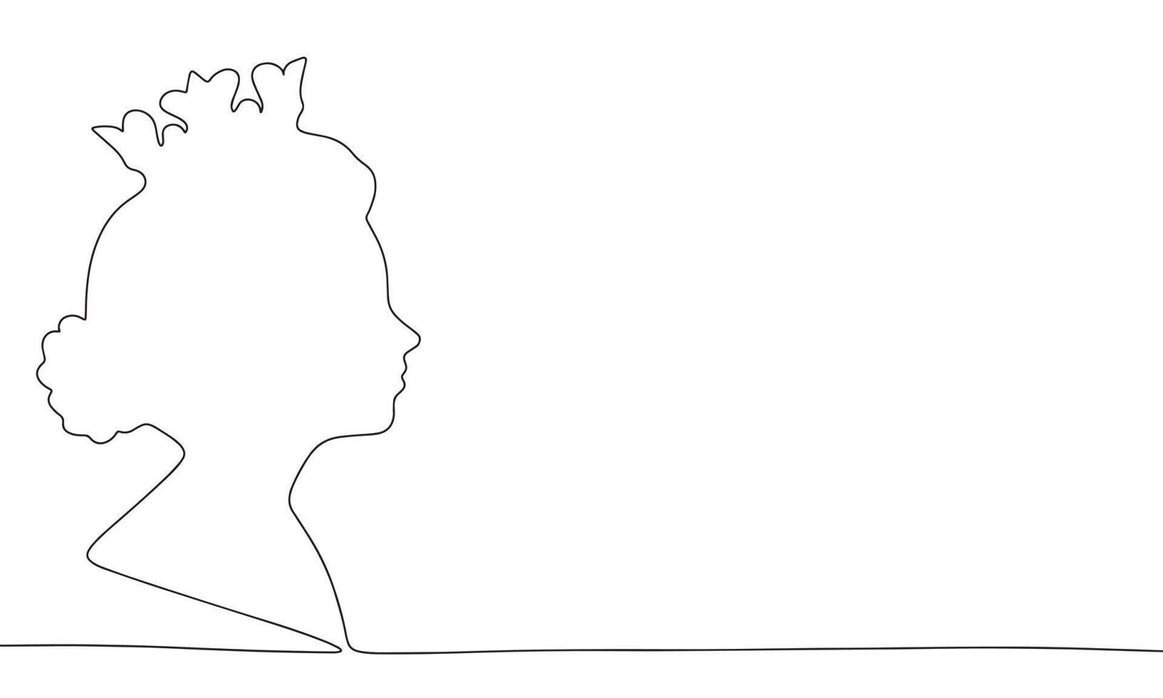 Silhouette queen or princess with crown. One line continuous royal banner concept. Line art, outline, minimal vector illustration.