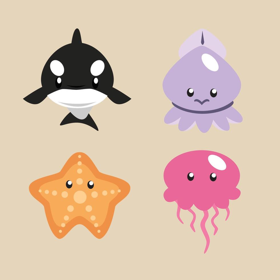 Cute illustrations of orca, squid, starfish and jellyfish Sea Animals vector
