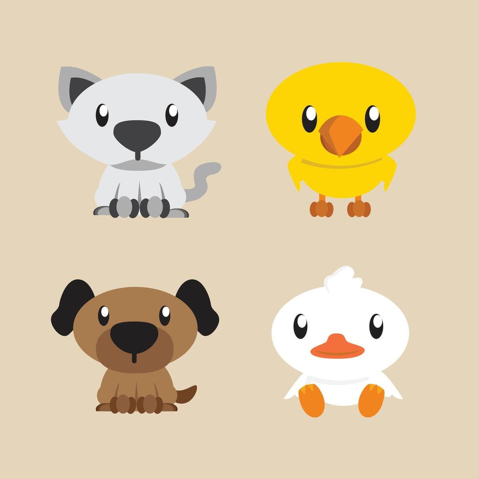 Cute illustration of Farm Animals Cats, Chicks, Dogs, and Ducks vector