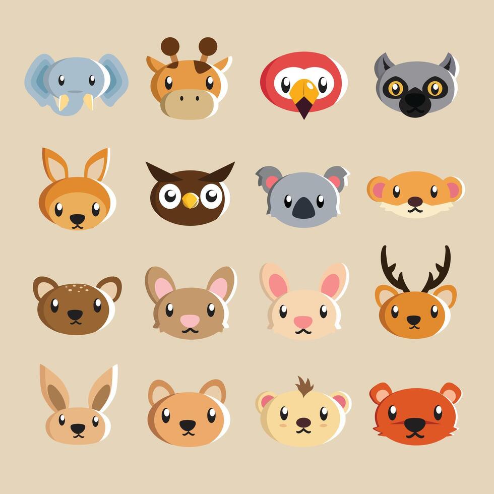 illustration of a collection of various 16 cute big and small animal heads for stickers vector