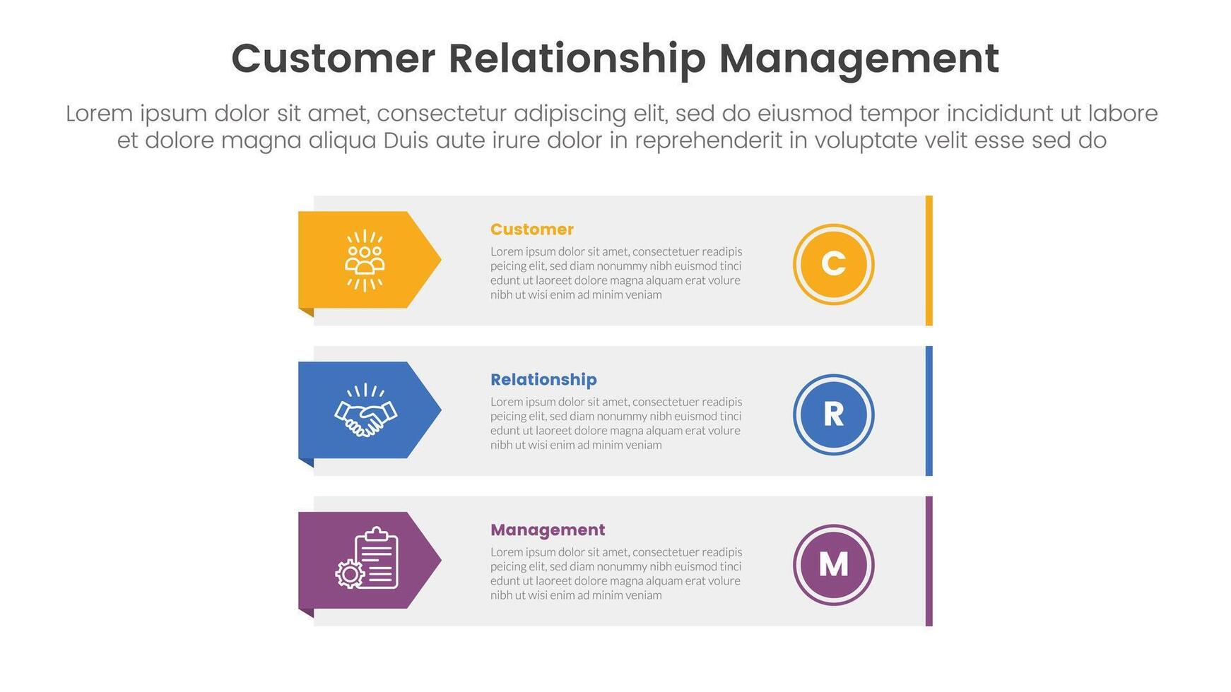 CRM customer relationship management infographic 3 point stage template with big rectangle stack with arrow badge on side for slide presentation vector