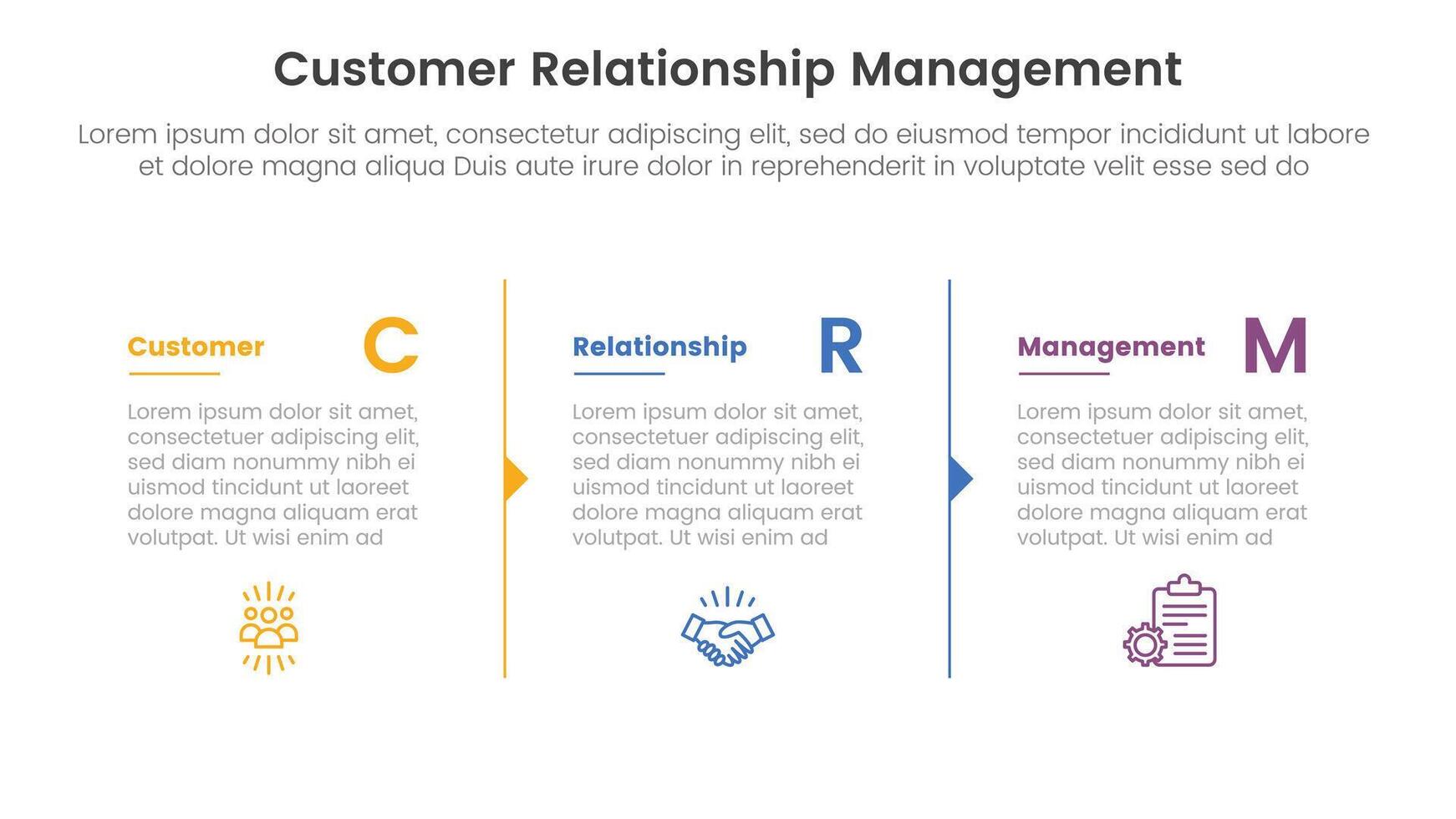 CRM customer relationship management infographic 3 point stage template with column separation with arrow outline for slide presentation vector