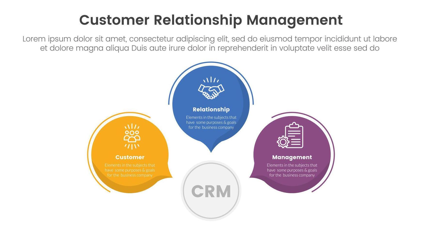 CRM customer relationship management infographic 3 point stage template with circle callout comment shape for slide presentation vector