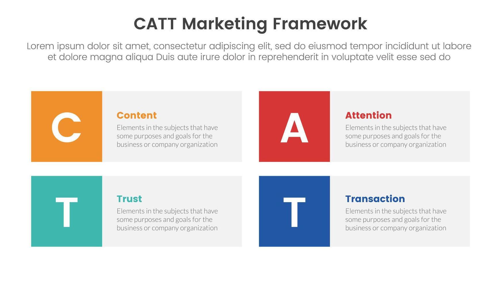 catt marketing framework infographic 4 point stage template with square box rectangle description for slide presentation vector