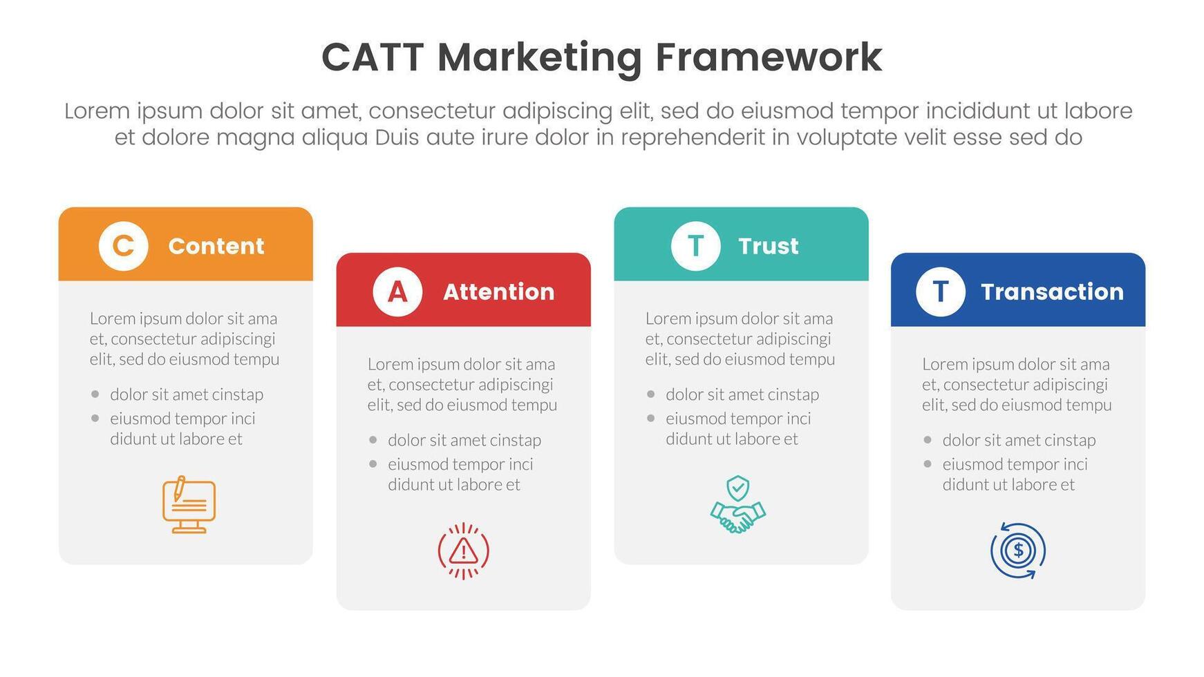 catt marketing framework infographic 4 point stage template with round box table right direction ups and down for slide presentation vector