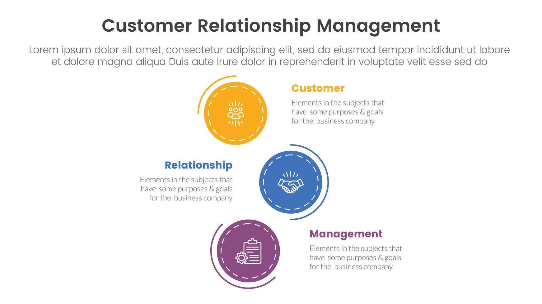 CRM customer relationship management infographic 3 point stage template with vertical stack circle direction for slide presentation vector