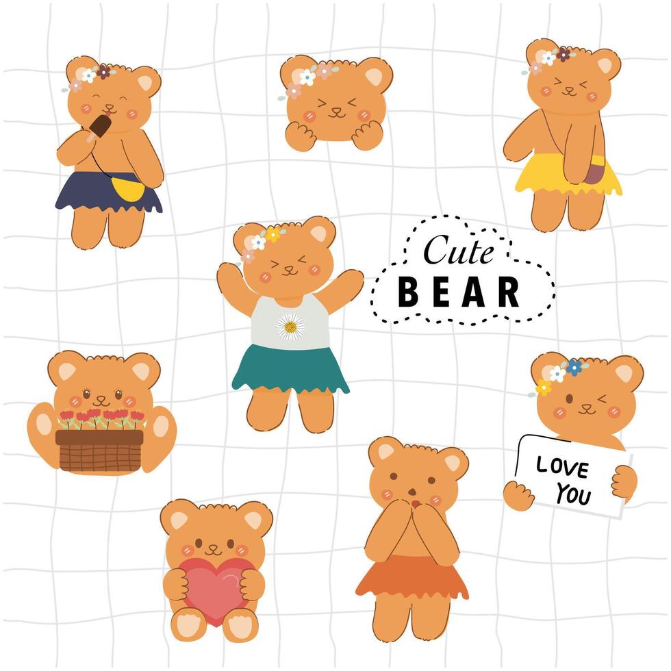 Set of hand drawn cute cartoon bear character showing various emotions. Bear sticker set. vector
