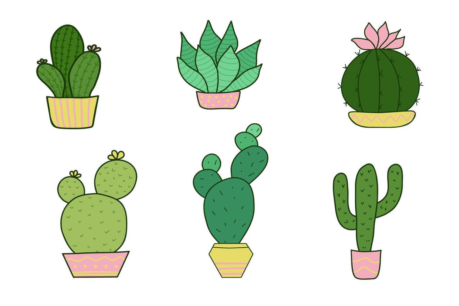 Desert Doodle green cactus set. Cute succulent or cacti plant with colorful pots, mexican plants color sticker set, prickly plant badges in pots isolated on white vector