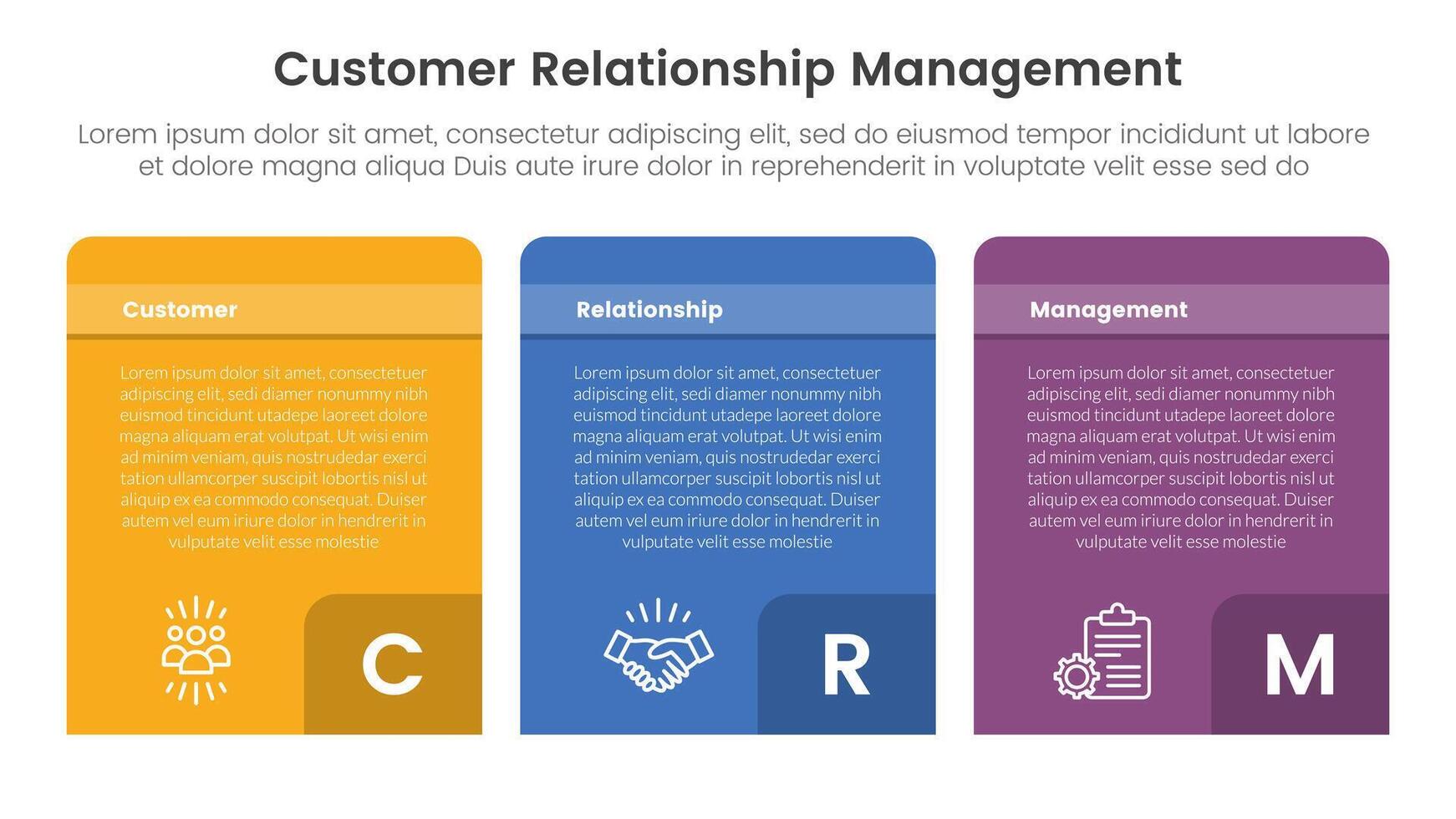 CRM customer relationship management infographic 3 point stage template with table box with round header and footer square badge for slide presentation vector