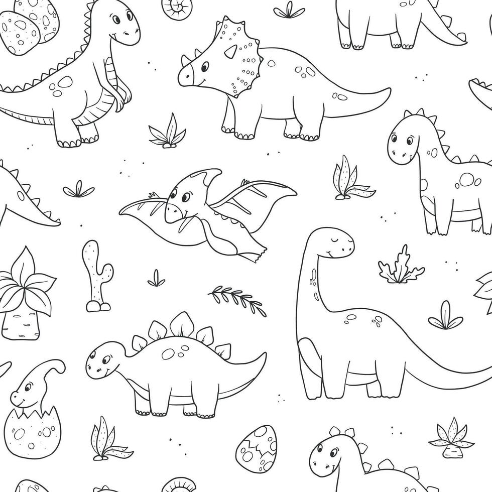 Dinosaurs nursery seamless pattern with hand drawn monochrome doodles for wallpaper, coloring books, stationary, textile prints, wrapping paper, etc. EPS 10 vector