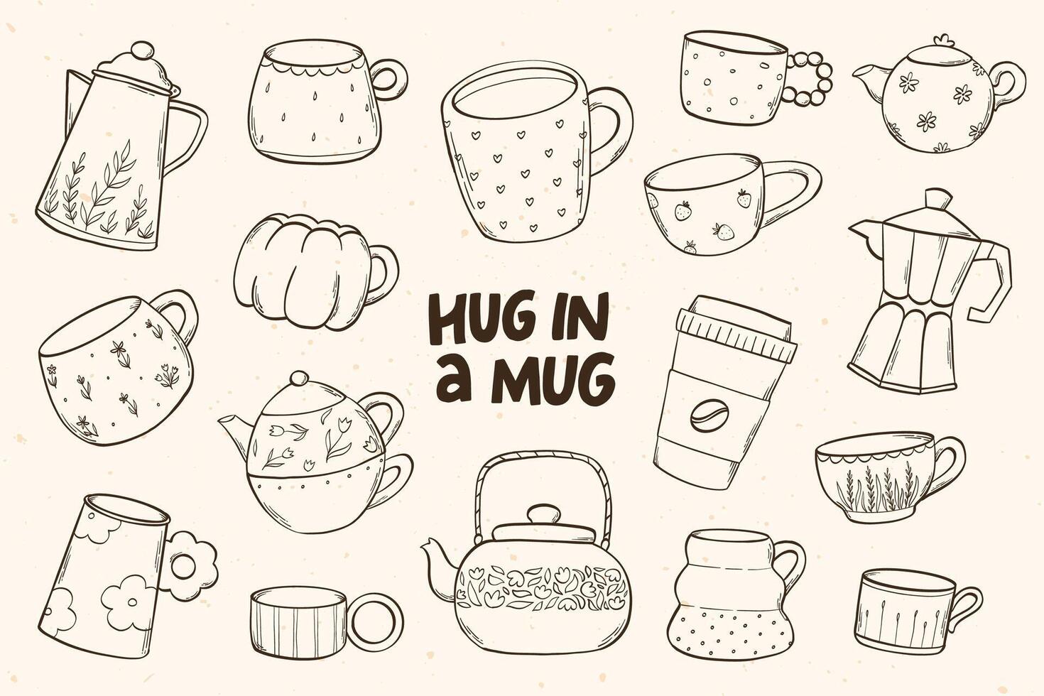Hand drawn cups, mugs and kettles collection for prints, cards, posters, stickers, menu, scrapbooking, sublimation, etc. EPS 10 vector