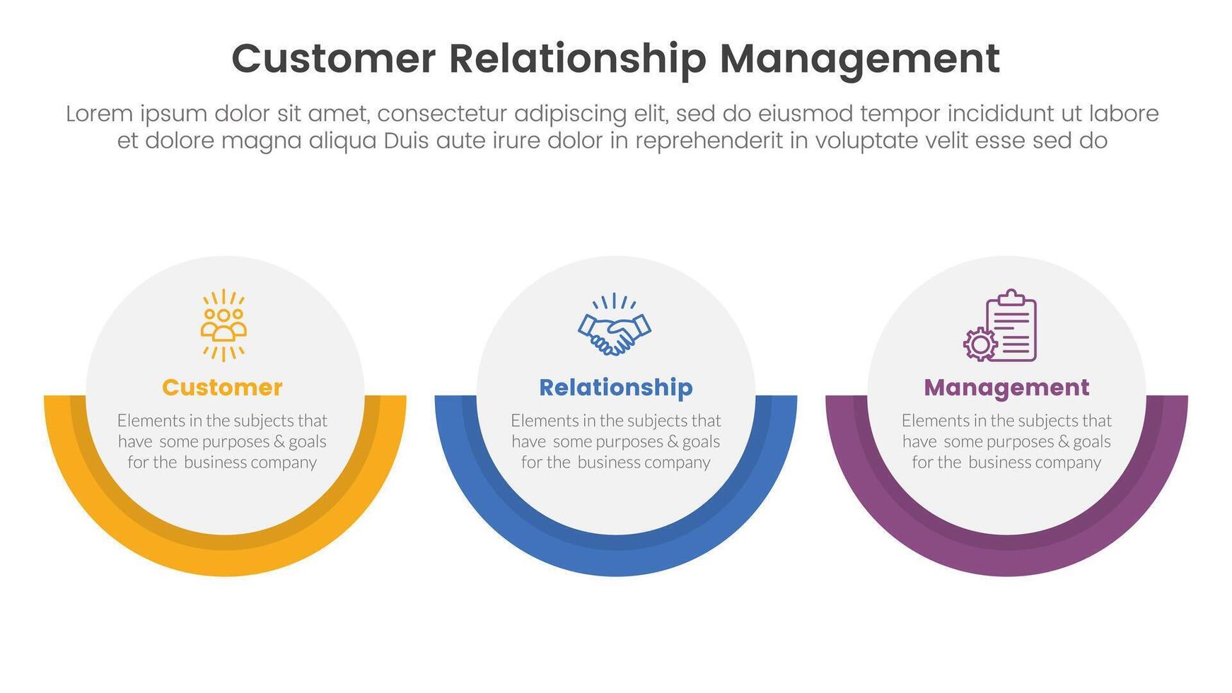 CRM customer relationship management infographic 3 point stage template with big circle horizontal layout for slide presentation vector