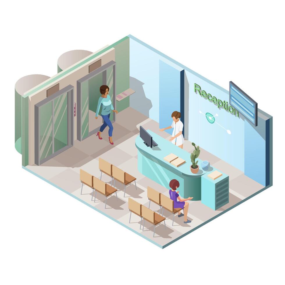 Isometric 3d illustration medical clinic reception interior with receptionist woman at table desk and patients in the hallway. Hospital or health center with glass elevator and the waiting area vector