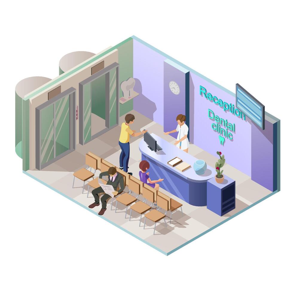 Isometric 3d illustration of medical dental clinic , reception interior with receptionist and visitors in the hallway. Dentistry center with glass lift. Patients waiting to visit the dentist. vector