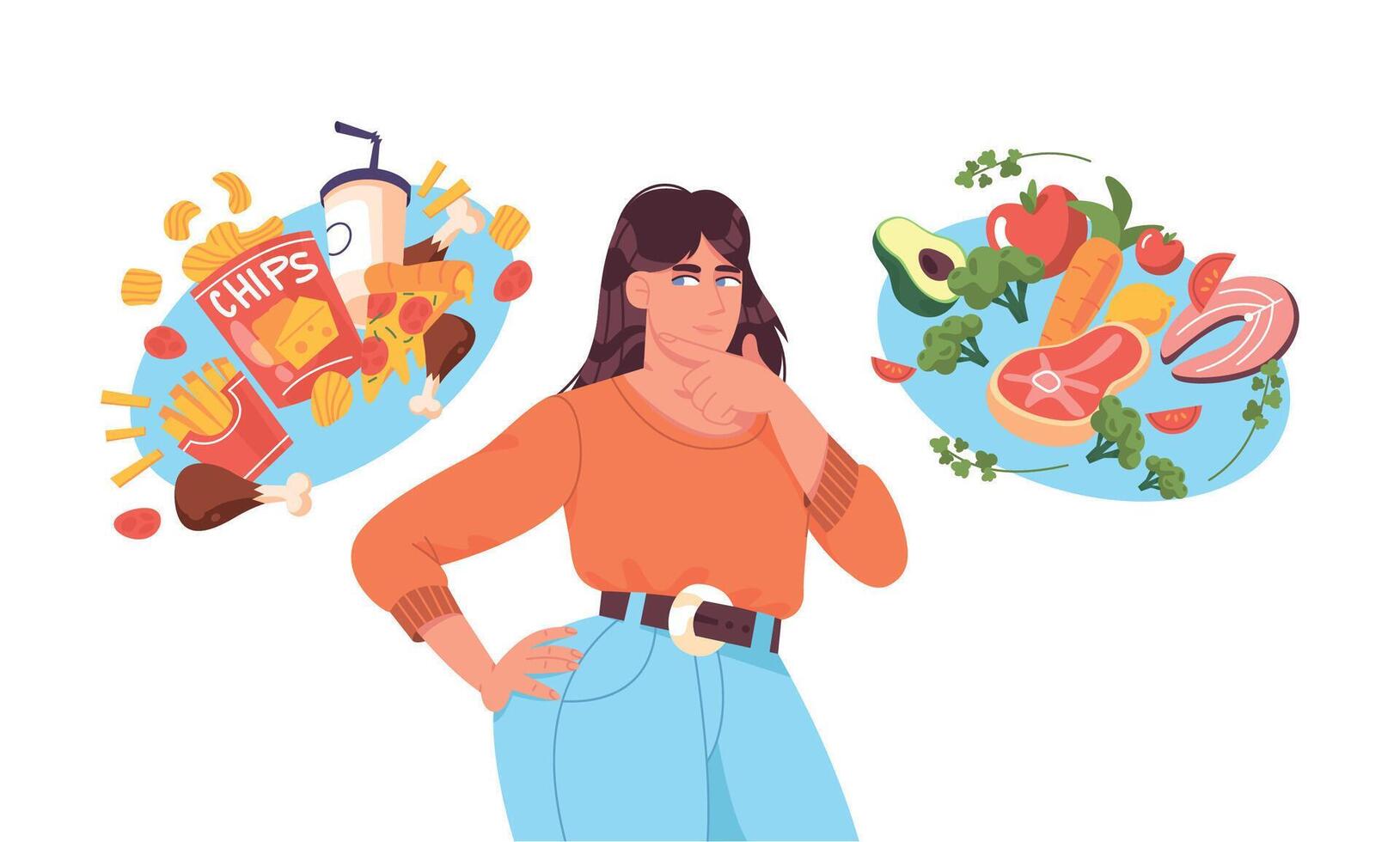 Fat woman choosing between good healthy and bad unhealthy food. Junk food vs balanced menu nutrition comparison concept. Female flat character thinking about diet, extra calories or weight loss. vector