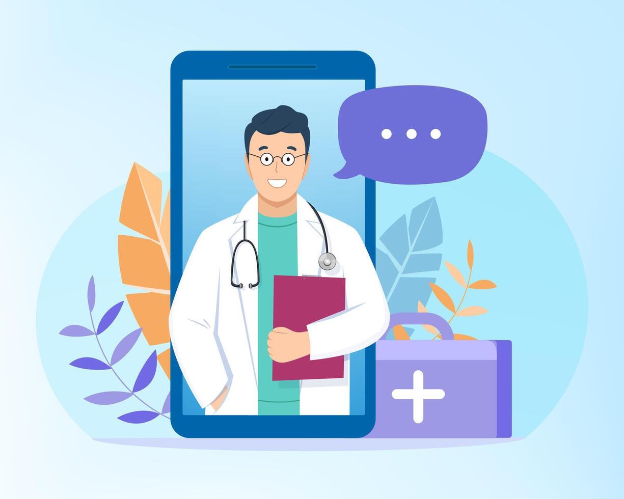 Online doctor consultation, diagnostics, advice or support of patient over the internet, call on mobile phone. Flat design concept healthcare application for website. Medical health service. vector