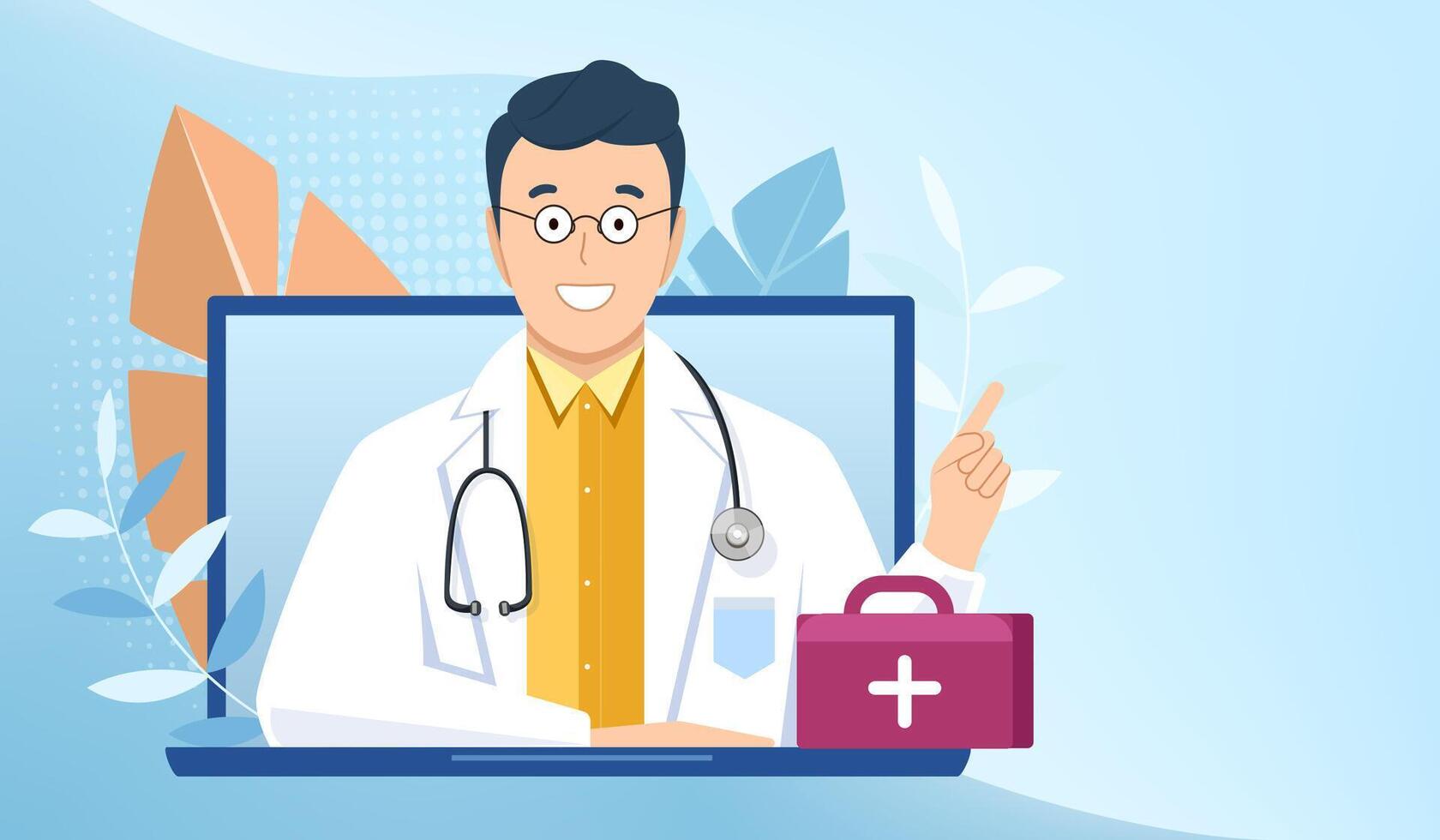 Online doctor consultation over the internet, Individual virtual visit with board-certified physician. Medical diagnostics, treat illnesses over web application on computer. Healthcare concept. vector