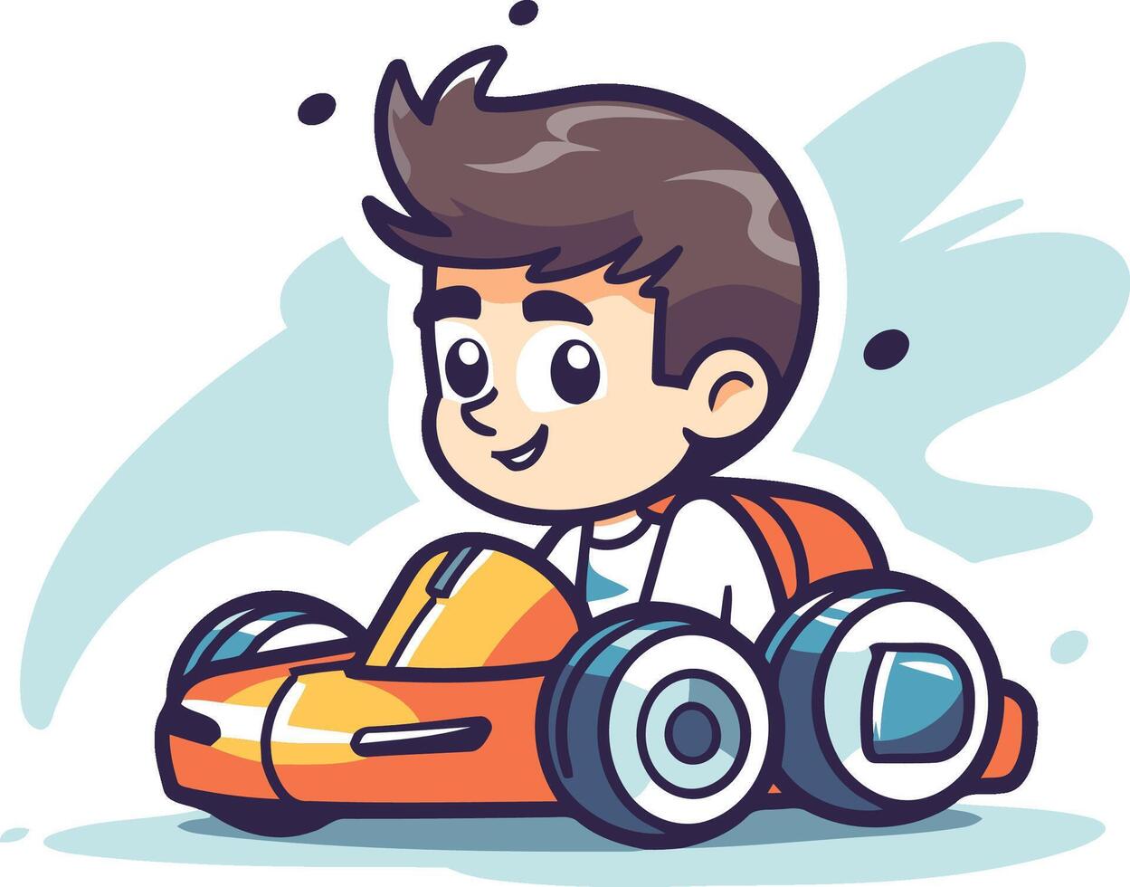 Cute cartoon boy driving a race car in a flat style. vector