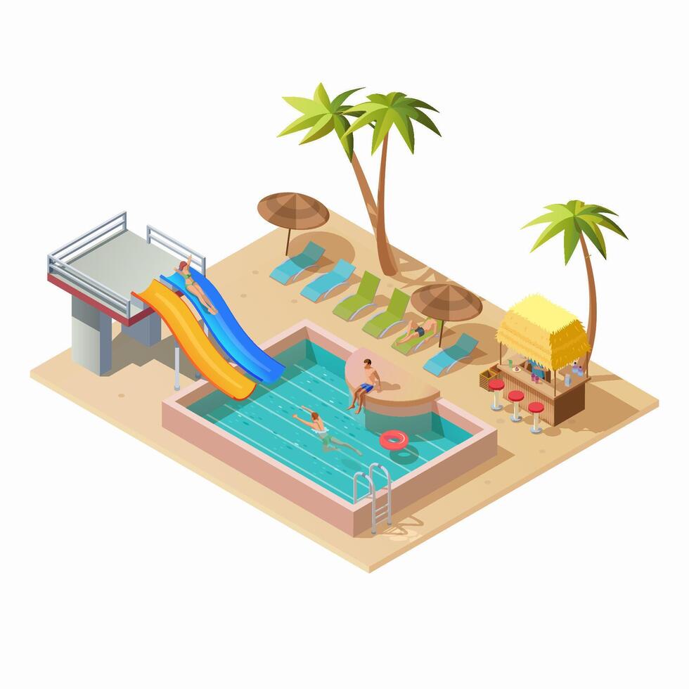 Isometric aquapark with colorful water slides or tubes, swimming pool, bar, chaise lounges, palm trees, beach umbrella and visitors illustration. Outdoor place for summer holiday or vacation. vector