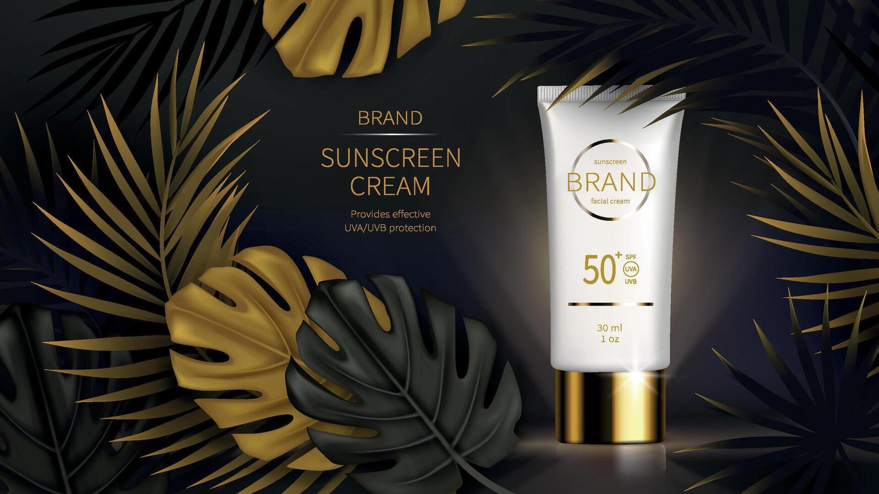 Sun protection cosmetic realistic ads poster. White plastic tube with sunscreen product, black golden tropical date palm, monstera leaves on dark background. Spf cosmetics, mock up for magazine vector