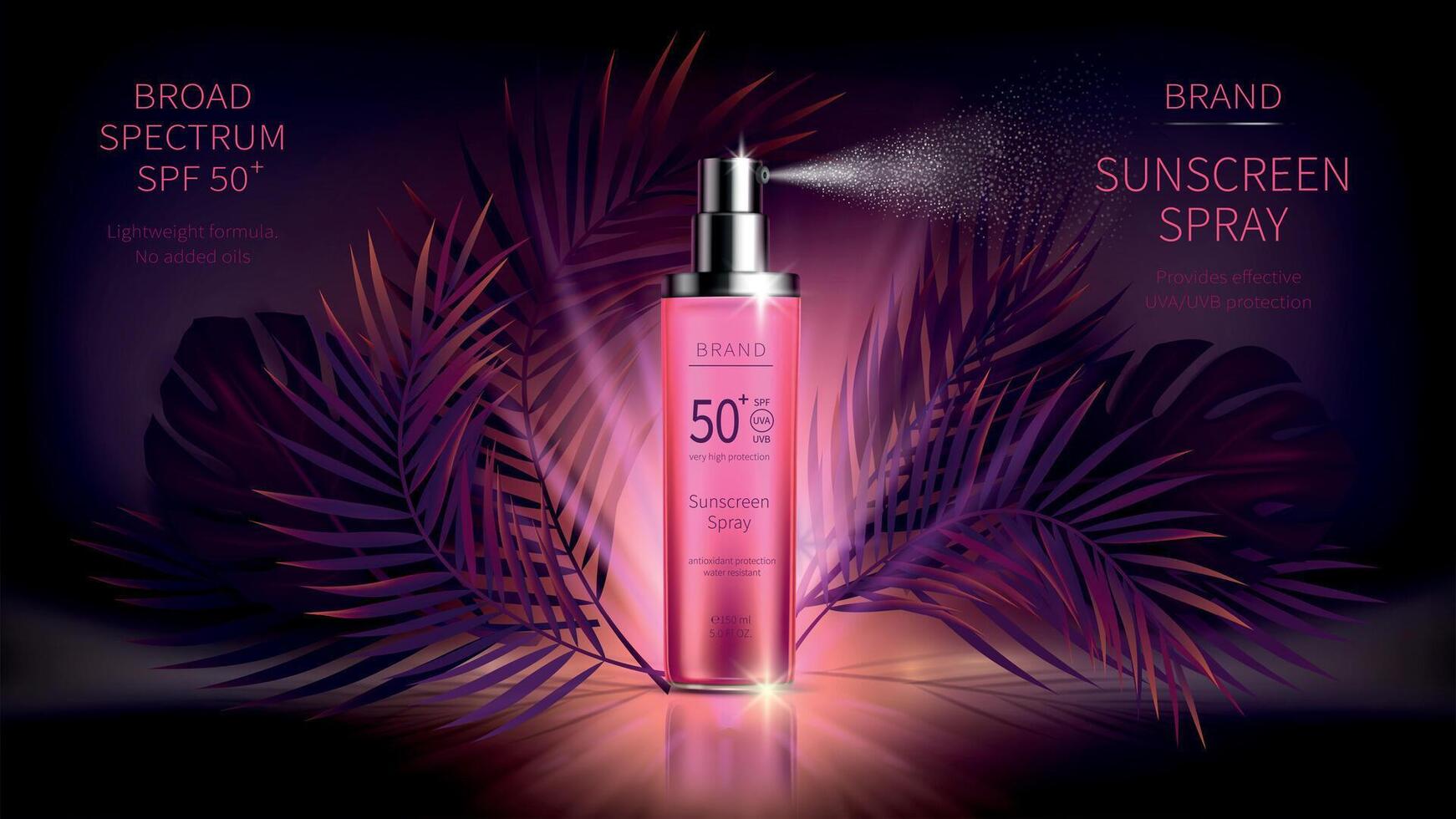 Sun protection cosmetic realistic ads poster. Pink spray bottle with sunscreen product, bright tropical palm and monstera leaves on purple sunset background. Spf cosmetics, magazine mock vector