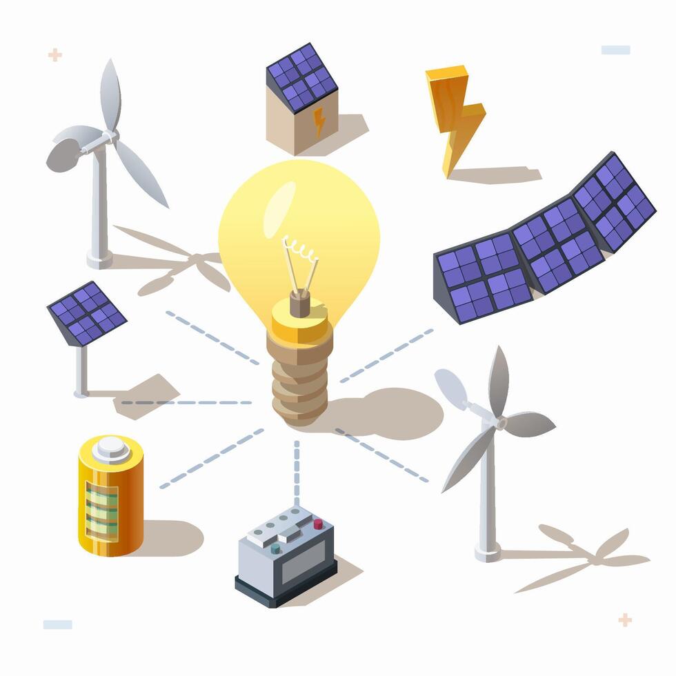 Isometric 3d set of alternative eco renewable energy sources, electric power icons. Solar panels, electric bulb, wind turbines, battery, power generator, voltage. Electrical symbols. vector