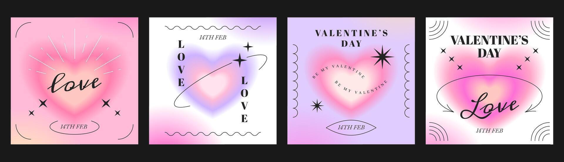 square greeting cards of valentine's day in trendy y2k style. Typography poster or romantic banner with aura love heart blurred gradient. Social media post templates with love symbol, sparkles. vector