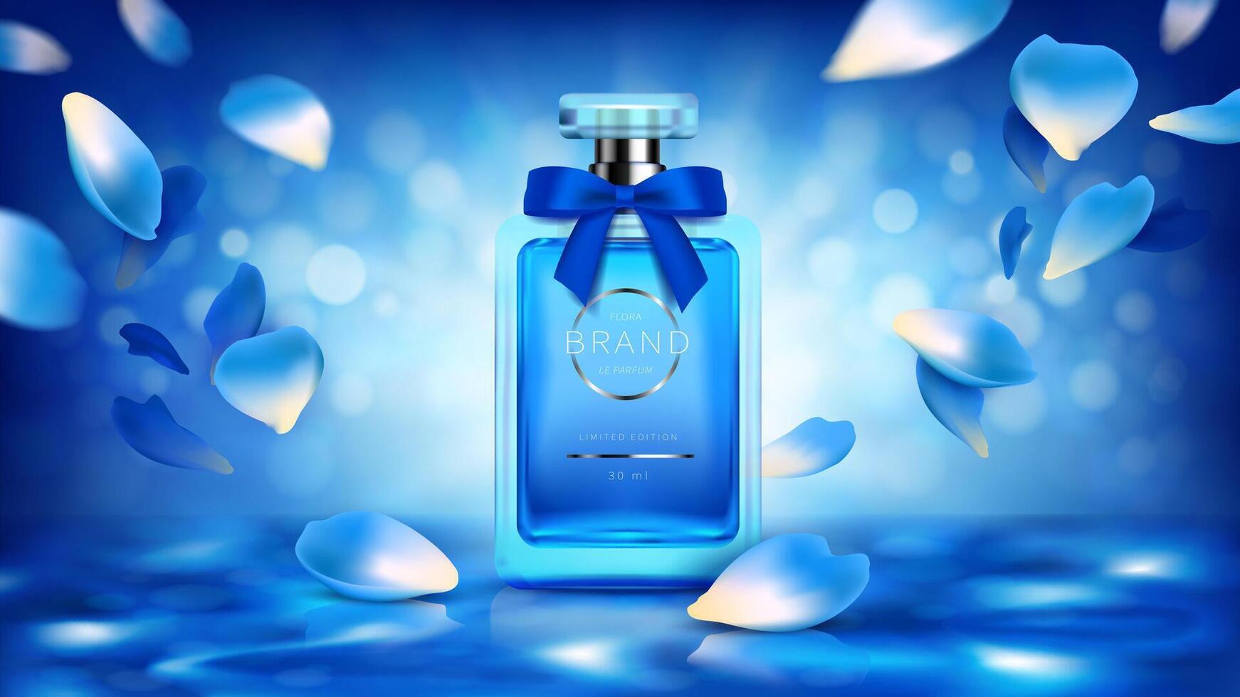Elegant glass bottle for women perfumes with blue silk ribbon on the cap and flower petals realistic . Classic packaging for fragrances and interior perfumes isolated on defocused background vector