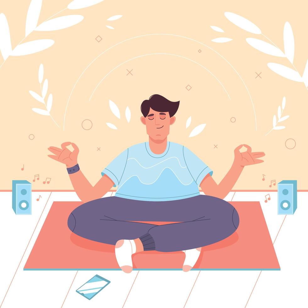 Calm man with crossed legs in lotus position doing yoga meditation, mindfulness practice, spiritual discipline. Flat happy person practicing exercise, sitting at home on fitness mat in asana posture. vector
