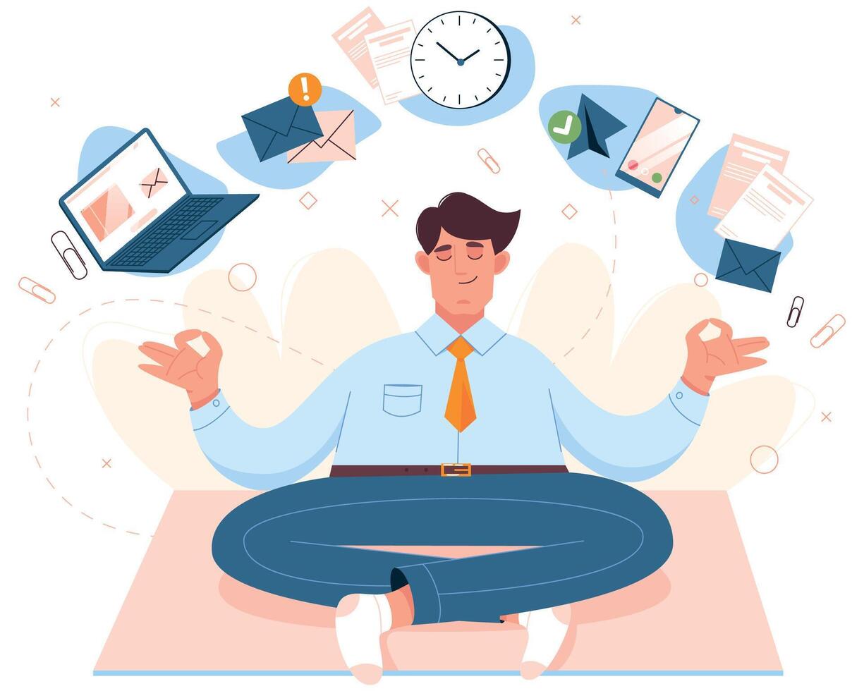 Flat man sitting in lotus position, practicing mindfulness meditation with office icons. Worker doing yoga on workplace. Emotional balance, stress relief concept. Healthy mind and body of businessman. vector