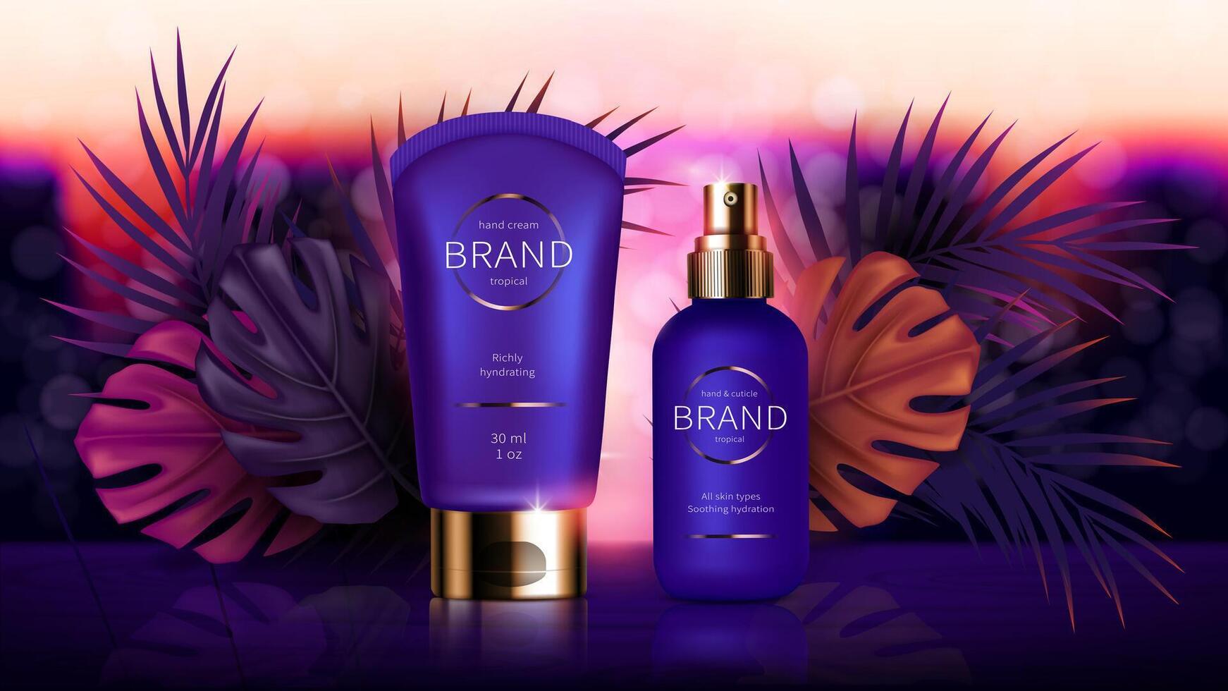 púrpura cosmético serie para mano piel cuidado, realista . Violeta crema y loción botella. productos cosméticos soportes cerca tropical palma y monstera hojas y rosado atardecer, amanecer cielo, anuncios póster para spa vector