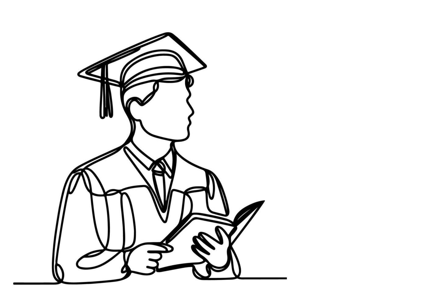 one continuous black line art drawing of school student kid graduate holding certificate paper doodle style on white background vector