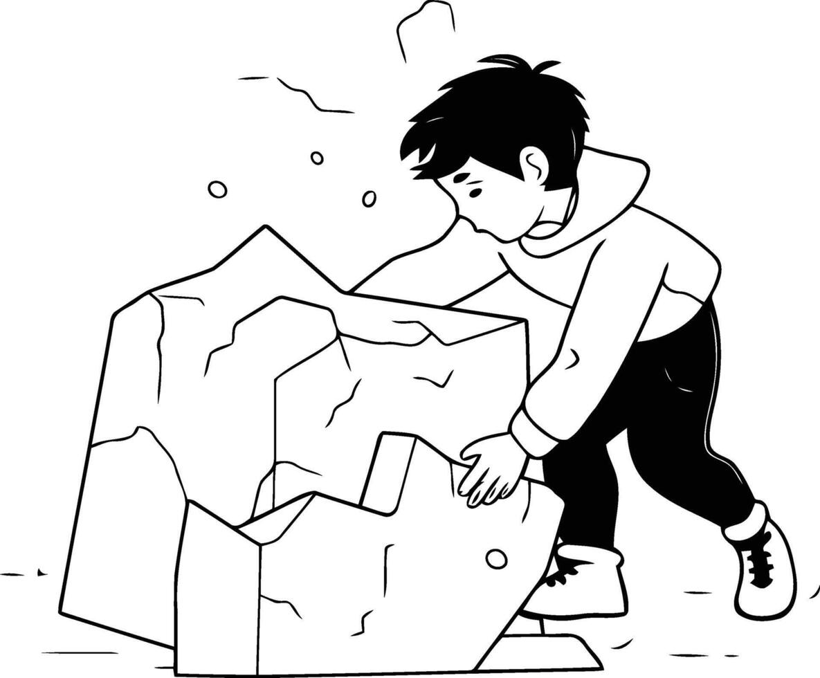 Teenage boy is building a stone wall in cartoon style. vector