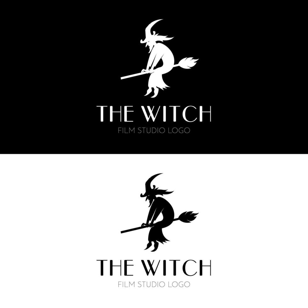 The spooky horror witch logo design film studio in classic silhouette style vector