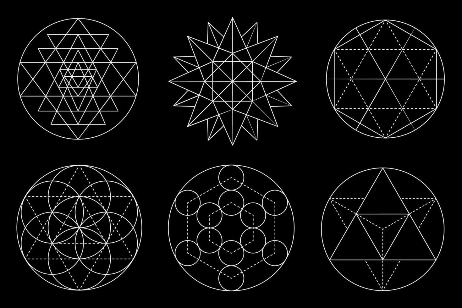 Sacred geometry design elements. Alchemy, religion, philosophy, spirituality, hipster symbols and elements isolated on black background vector