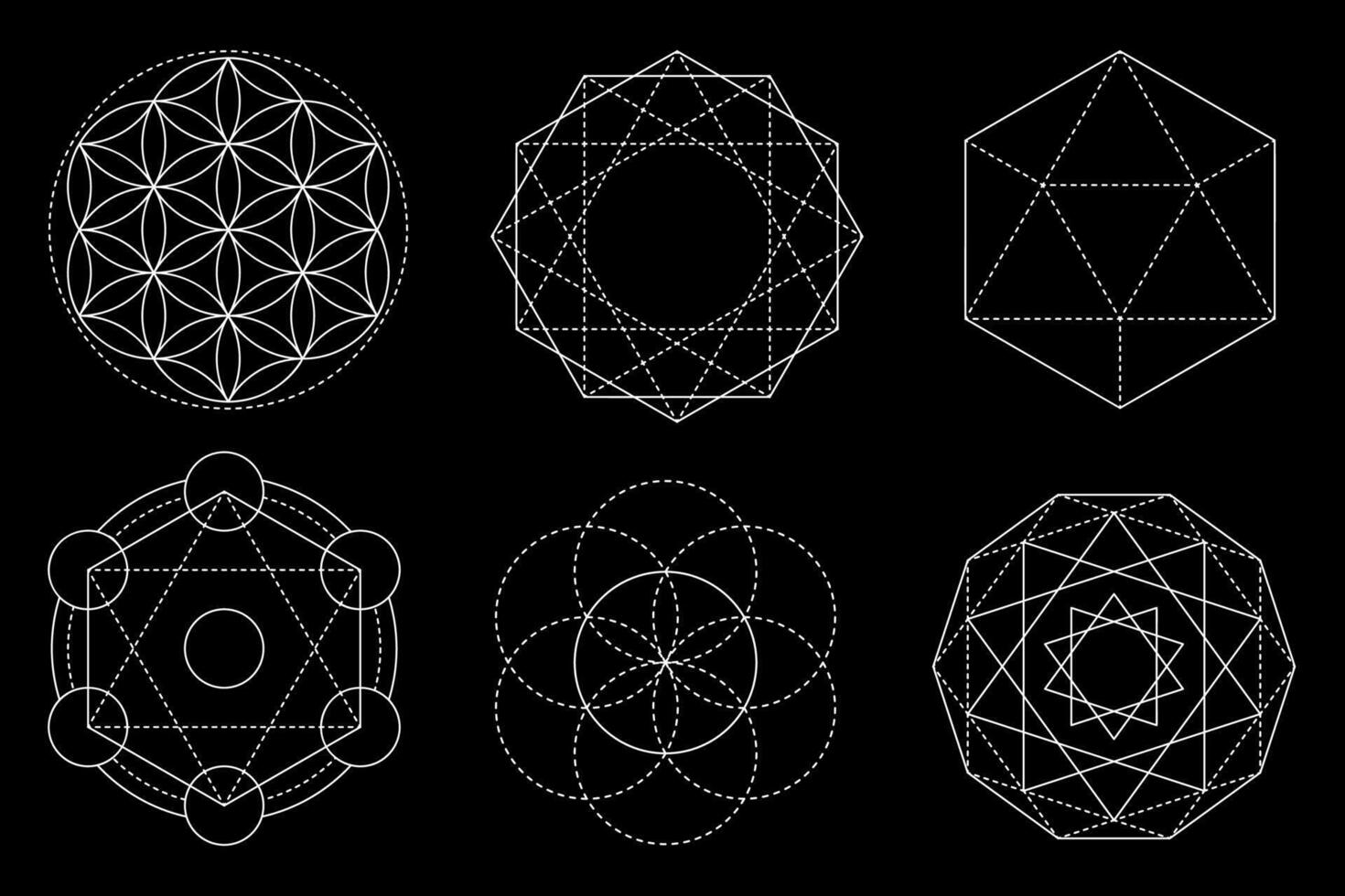 Sacred geometry design elements. Alchemy, religion, philosophy, spirituality, hipster symbols and elements isolated on black background vector
