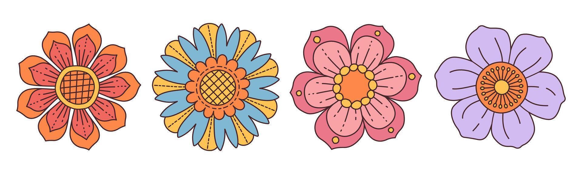 Collection of spring colorful flower. Set Trendy groovy wildflower 70s Vintage style isolated on white. Hand drawn blossom doodle illustration. Bright colorful flowers. Retro floral design. vector