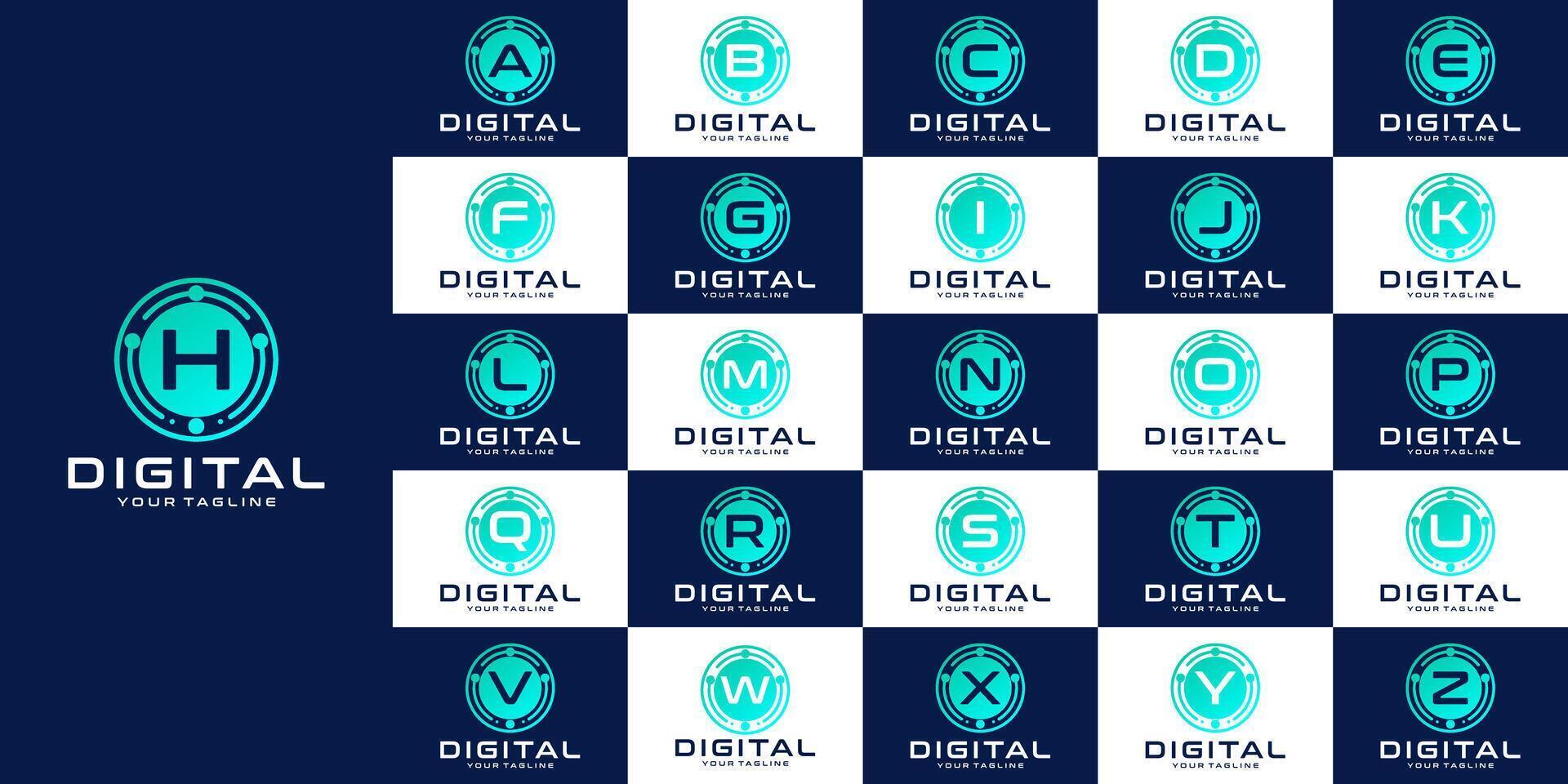collection of initial letters a to z with logo design, with Digital font design for industry with circuit circles and dots, for digital, technology,data vector