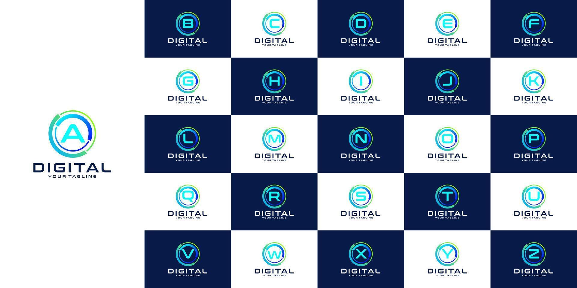collection of initial letters a to z with logo design, with modern circle logo digital, technology, connection, data, media, circle line vector