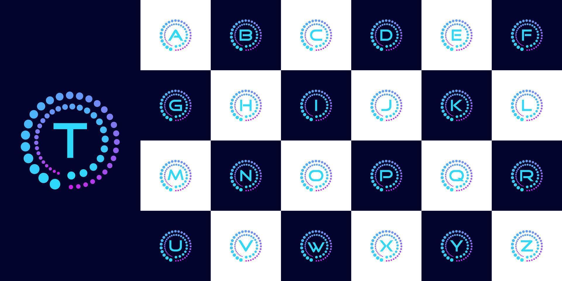 collection of initial letters a to z with logo design, technology circular dots for technology, digital, connection, data vector