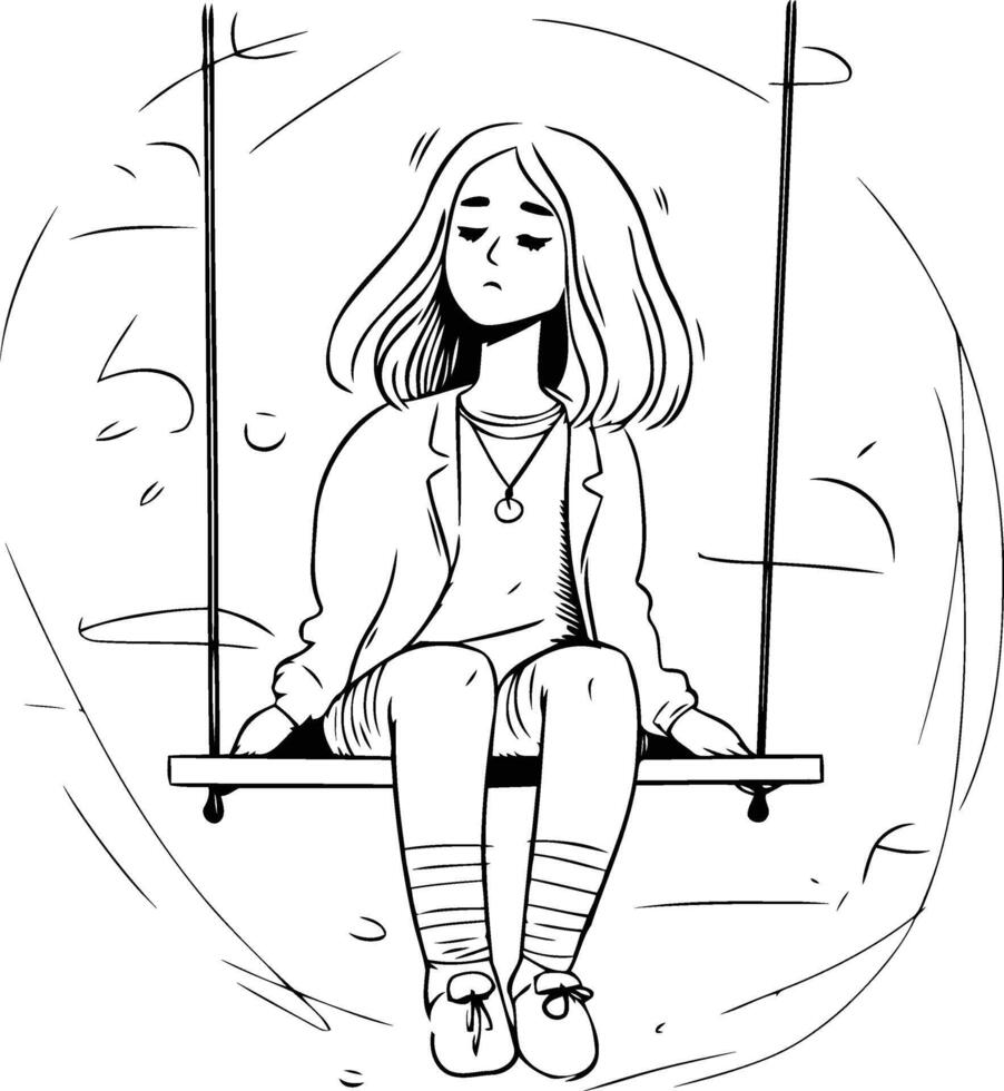 Beautiful girl sitting on swing in sketch style. vector