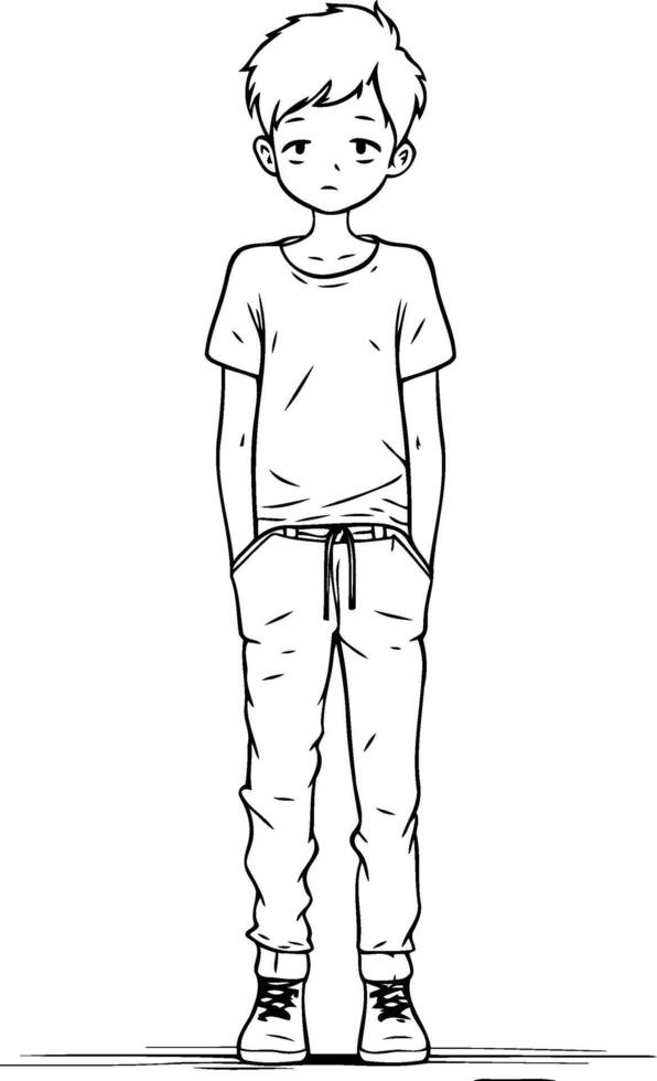 A boy in casual clothes stands on a white background. vector